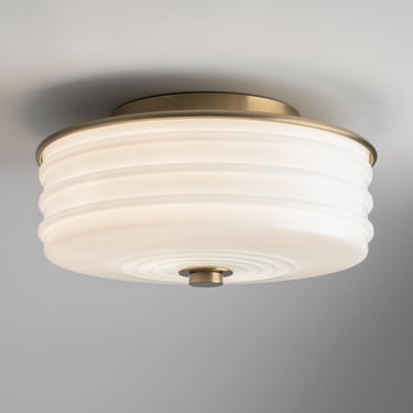 Art Deco Flush Mount Ceiling Light - 12 Inch Round Opal White Hand Blown Glass Shade - Made In USA 