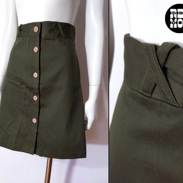 NWOT Chic Vintage 60s 70s Dark Olive Green A-Line Brushed Cotton Skirt with Button Front 