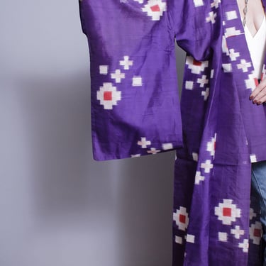 Vintage 1950's | Purple | 100% Meisen Silk | Long | Japanese | Kimono | M/L 
