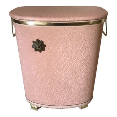Mid-Century Pink & Gold Pearl Wick Laundry Hamper | Starburst Emblem | Lucite Handles | FREE GIFT Included Month Sept.! 