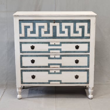 Antique English Painted Dresser Chest of Drawers With Greek Key Motif