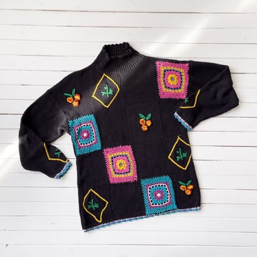 black embroidered sweater 90s vintage black granny crochet patchwork oversized mockneck sweater 