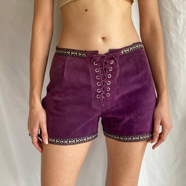 1970's Suede Shorts / Hot Pants / Purple Lace Up Haute Hippie Woodstock Shorts / Suede Leather / Low Rise Leather Shorts 