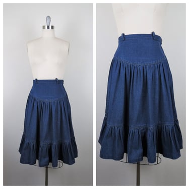 Vintage high waist denim skirt, full, ruffle hem, tiered, pockets, medium 