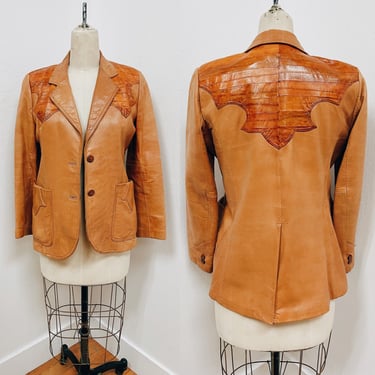 1970s - 1980s Luxurious Camel & Carmel Leather Suit Jacket / Blazer w Eel Skin Detail | Golden Collection by Pioneer Wear | Vintage, Western 