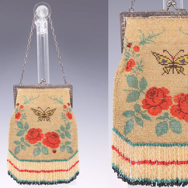 Vintage 1910's Antique Butterfly & Rose Beaded Purse • 10's Art Deco Loop Fringe Evening Bag 