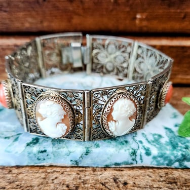 Vintage Filigree Bracelet~Cameo & Coral 8 Panel Link Bracelet~Gifts for Her! 