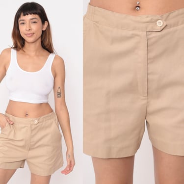 Tan Trouser Shorts 80s Shorts High Waisted Shorts 1980s Vintage Summer Bottoms Elastic Waist Cotton Blend Casual Pocket Medium 