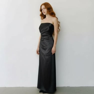 Vintage ABS 90s Y2K USA Made Strapless Evening Dress Black Satin Formal Long Gown 
