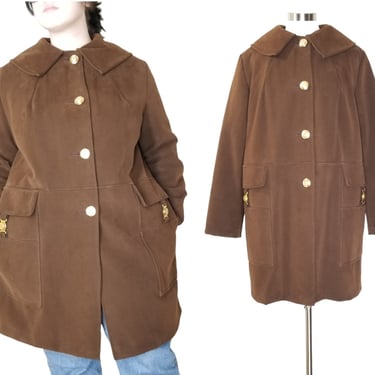 Vintage Mod Swing Coat, Large / 1960s Vegan Suede Trapeze Coat / Cocoa Brown Fleece Lined Jacket 