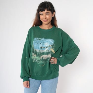 Vintage Wildlife Sweatshirt 90s Wolf Shirt Bald Eagle Shirt Paint Splatter Grizzly Bear Elk Animal Graphic Jumper 1990s Sweater Green xxl 