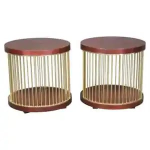 Pair Mid Century Modern Round Mahogany and Brass Paul McCobb Style End Tables