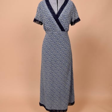 90s Lacy Blue Floral Silk Chiffon Maxi Dress by Laura Ashley, L