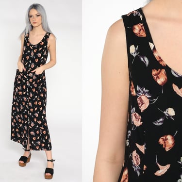 90s Floral Dress Black Grunge Midi Sundress Button Up Boho Print 1990s Bohemian Vintage Sheath Collared Sleeveless Small 