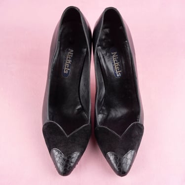 Vintage 1980s Nickels Black Leather High Heels with Suede and Alligator Embossed Heart-Shaped Toes 
