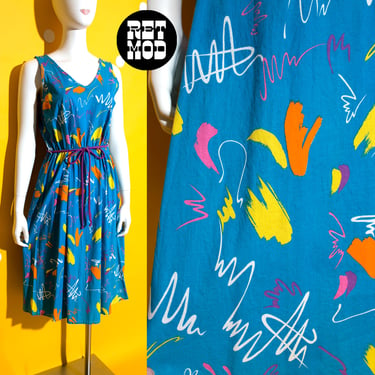 Cool Vintage 80s 90s Turquoise Orange Yellow Scribble Brushstrokes Patterned Cotton Sun Dress 