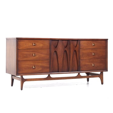 Broyhill Brasilia Mid Century Walnut and Brass 9-Drawer Lowboy Dresser - mcm 
