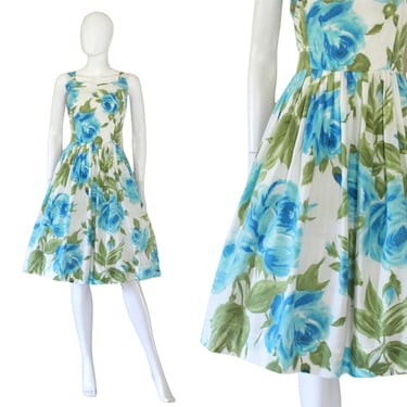 1950s Aqua Blue Rose Print Fit and Flare Dress - 1950s Rose Print Dress - 50s Summer Sun Dress - Vintage Rose Print Sun Dress | Size Medium 