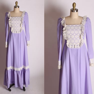 Late 1960s Purple and White Long Sleeve Lace Detail Full Length Cottagecore Prairie Dress -XS 