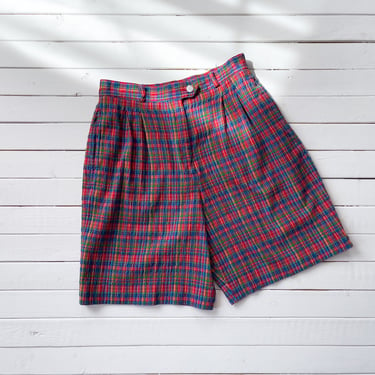 high waisted shorts 80s vintage red rainbow plaid seersucker cotton shorts 