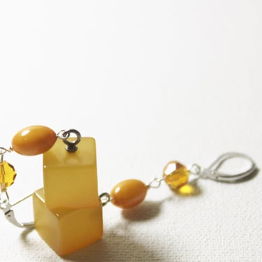Vintage Bakelite Cube Earrings 1940s Handmade Assemblage Vaseline Yellow Swarovski Crystal Pierced 