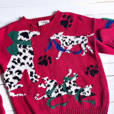 red dog sweater 90s vintage Talbot's Dalmatian Christmas hand knit sweater 