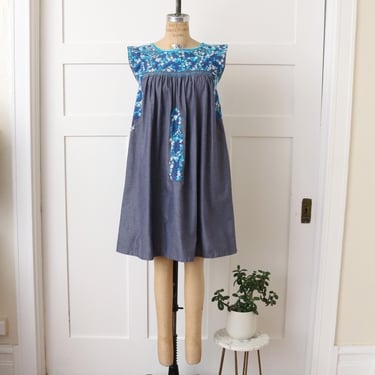 Mexican embroidered cotton dress • blue chambray 