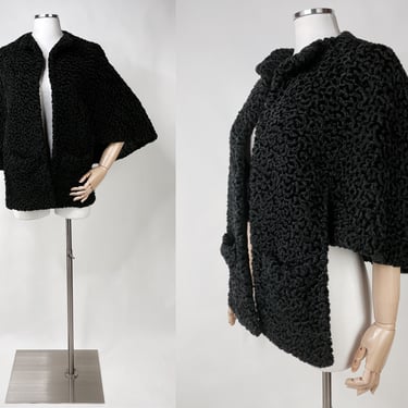 1980s does 1940s STYLE Cape, Synthetic Curly Lamb Black Stole | Vintage, Costume, Halloween, Faux Fur, Holiday, Fall, Formal, Cocktail 