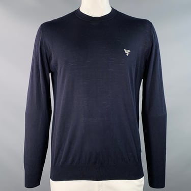 PRADA Size L Navy White Jersey Logo Virgin Wool Long Sleeve Pullover