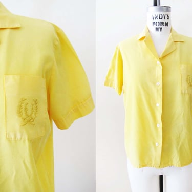 Vintage 80s Lemon Yellow Camp Shirt Up S M - 1980s Short Sleeve Collared Button Up Top 