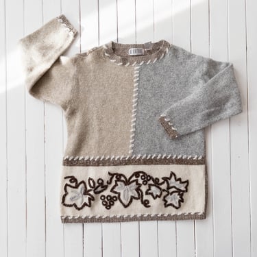 embroidered wool sweater 90s vintage beige gray angora silk leaf embroidery minimalist sweater 