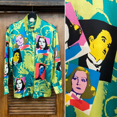 Vintage 1980’s “Escada” Label Chaplin Garbo Pop Art Silk Shirt, 80’s New Wave, Vintage Pop Art, Vintage Silk Shirt, Vintage Clothing 