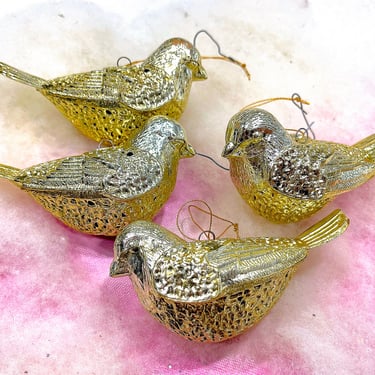 VINTAGE: 4pcs - Gold Bird Ornaments - Hollow Pierced Plastic Birds - Holiday, Christmas Tree Decorations - Crafts 