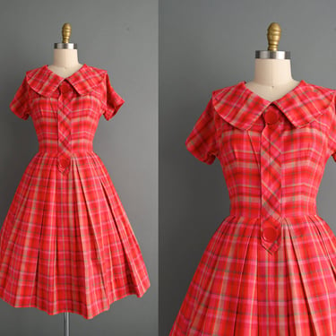 vintage 1950s Red Plaid Cotton Full Skirt Dress I Medium 