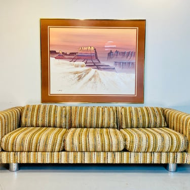 Mid Century Modern Jack Lenor Larson Style Milo Baughman Herculon Striped Tuxedo Sofa with Chrome Legs, Mid Century Living Room 