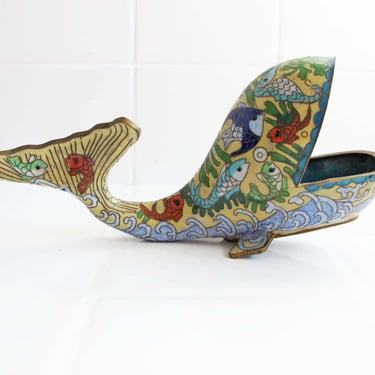 Vintage Cloisonne Enamel Brass Whale Figurine - Trinket Catchall Coin Jewelry Dish - Chinoiserie 