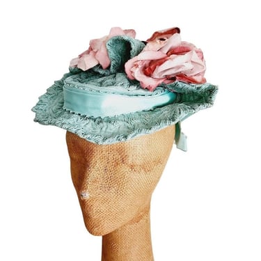 Vintage 30s Milgrim Hat Blue Straw Pink Flowers 