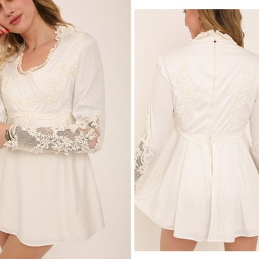 Vintage 1970s 70s White Appliqué Floral Lace Insert Micro Mini Dress w/ Queen Anne Neckline // Short Wedding Dress, Engagement Bridal Shower 