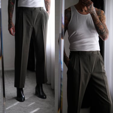 Vintage 80s ZANELLA for Neiman Marcus Dark Army Green Gabardine Pleated Slacks | Made in Italy | 100% Wool | 1980s Italian Designer Pants 
