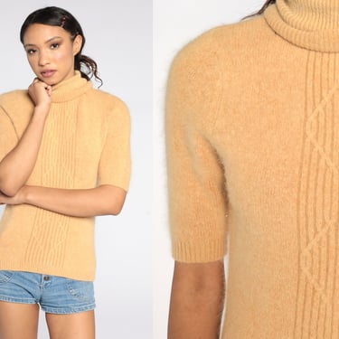 Mohair Sweater 70s Boho Sweater Plain Camel Sweater Vintage Simple Tight Sweater Short Sleeve Sweater 1970s Bohemian Small 
