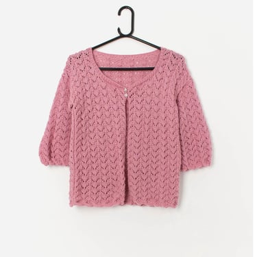 Vintage handknitted pink cardigan with three quarter sleeves - Small 