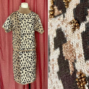 Sweater Dress, 2-pc, Animal Print, Gold Metallic, Beaded, Leopard Print, Top and Skirt, Vintage 90s 