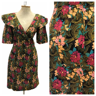 Vintage VTG 1980s 80s Ruffle Floral Power Shoulder Dress 