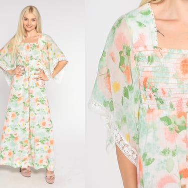 70s Maxi Dress Boho Angel Wing Sleeve Floral Print Smocked Hippie Bohemian Festival Seventies Summer Vintage 1970s Green Extra Small XS S 