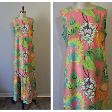 Vintag 1960 60s Colorful Pink Hawaiian Floral Mermaid Dress Women’s Sleeveless // Modern Size 8 10 