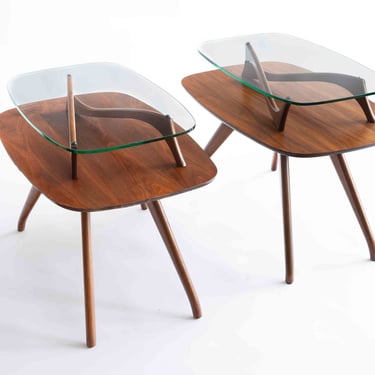 Vintage Mid Century Vladimir Kagan Style Two-Tier Biomorphic End Tables in Walnut and Glass 