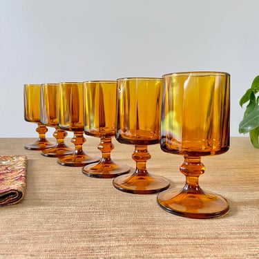 Vintage Colony Glass Nouveau Gold Water Goblets - Footed Amber Glassware 