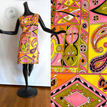 MOD Vintage 60s Pucci Style Mini Dress | Psychedelic Twiggy on Carnaby Street Designer Style Shift | Groovy Hippie Boho Mid Century Print 