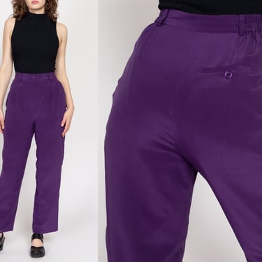 Medium 80s Purple Silk High Waisted Trousers 28" | Vintage Pleated Tapered Leg Mom Pants 