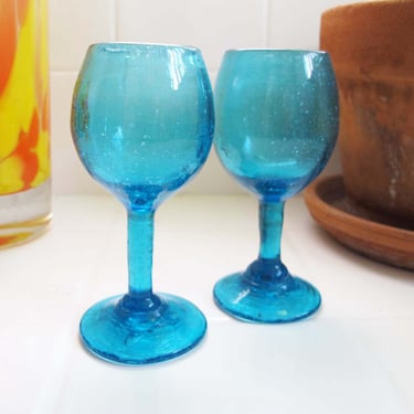 Vintage Turquoise Blue Aperitif Shot Glasses Set of 2 - Vintage Barware - 1960s Bubble Mini Goblets - Cocktail Bar Cart - Housewarming Gift 